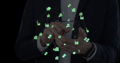 Businessman Using Smartphone with Digital Network Interface Background