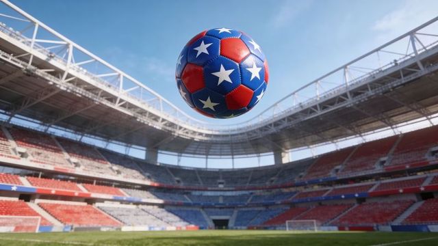 Hovering patriotic soccer ball over modern stadium on sunny matchday