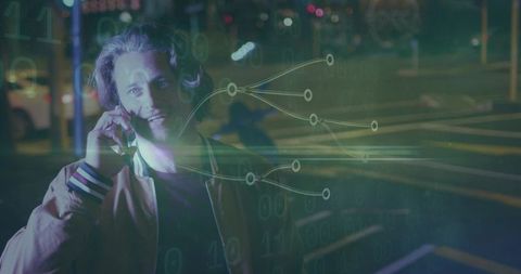 Man Enjoying Nighttime Calls with Technological Overlay