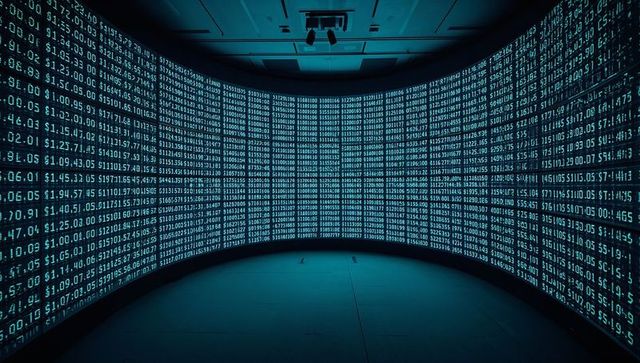 Curved led data wall displaying dense cyan metrics and digits in futuristic control room