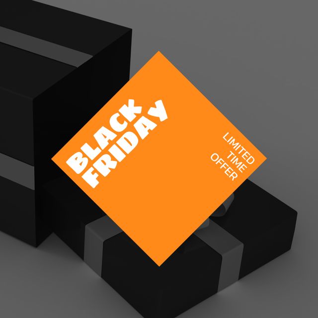 Marketing campaigns can use this image to advertise Black Friday sales and promotions. The vibrant orange sign stands out against the dark background and gift box, grabbing attention and conveying a sense of urgency. Suitable for online ads, flyers, social media posts, and email newsletters.