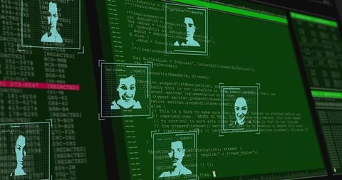 Biometric Surveillance Dashboard Showing Facial Headshots Overlaid on Green Code with Redaction