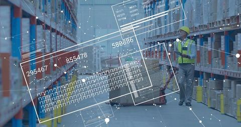 Warehouse worker inspecting inventory with tablet and digital overlay for smart logistics