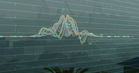 Financial data overlay on urban landscape conveying market activity