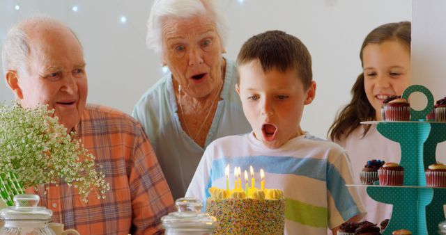 Front view of Caucasian multi-generation family celebrating birthday of their grandson in a comfortable home. Boy blowing out candles 4k