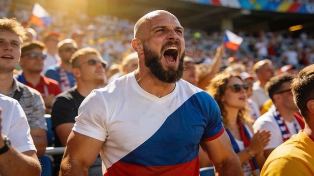 Bald bearded fan shouting in packed stadium wearing czech colors football passion