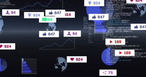 Floating social media metrics and engagement badges over dark data dashboard with globe and charts
