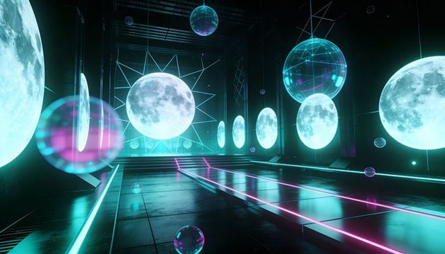 Glowing moon orbs illuminating neon runway for immersive futuristic warehouse installation
