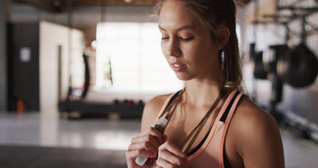 This image depicts a young woman preparing for a workout. She is holding a jump rope in her hands and seems focused. The setting appears to be a gym with exercise equipment in the background. This can be used in articles or advertisements related to fitness, healthy lifestyle, women's sportswear, or gym promotions.