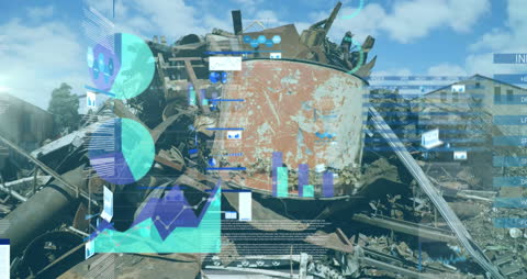 Infographic Interface Over Metal Scrap in Junkyard