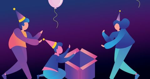 Family Opening Gift at Celebration Party with Balloons