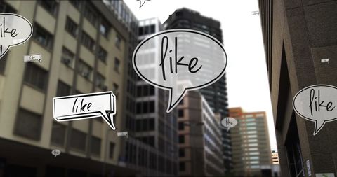 Speech bubbles with like text over urban background