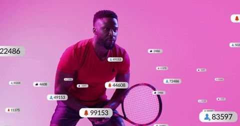 Athlete in tennis stance with social media notifications