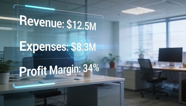 Ar hud displaying financial metrics revenue $12.5m expenses $8.3m profit 34% in corporate office