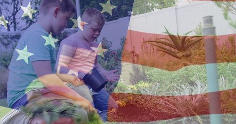Brothers Gardening Together with USA Flag Overlay