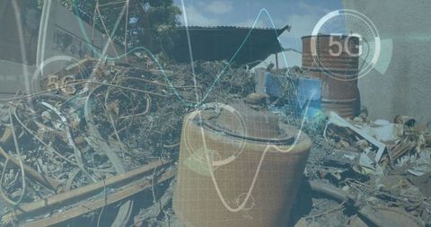 Futuristic digital interface overlay scrap recycling yard