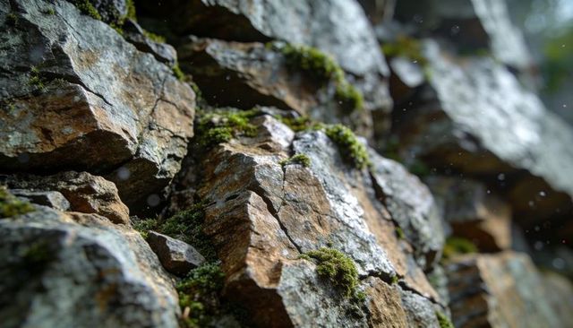 Moss-covered rock face glistening with mist, macro texture of rugged crevices and lichen