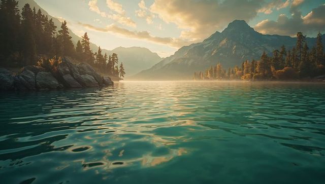 Misty Mountain Lake at Sunrise with Tranquil Waters and Pine Trees