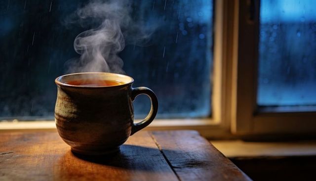 Steaming Ceramic Mug Resting on Rustic Wooden Table Beside Rainy Window Warm Tea Steam