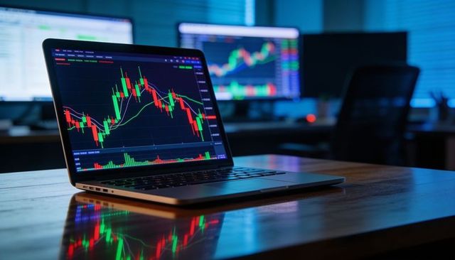 Laptop displaying candlestick trading chart on wooden desk with dual monitors and reflections at nig