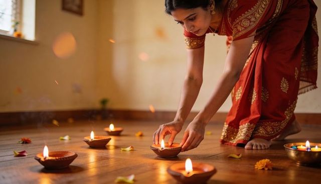 Woman in red gold saree lighting earthen diyas on wooden floor for diwali ritual