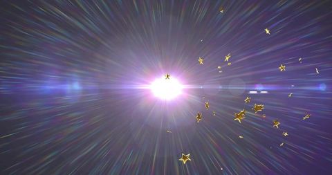 Radiating cosmic light burst sending prismatic lens flares and floating golden stars