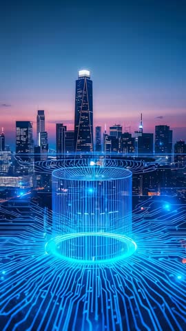 Vertical video: Neon-blue holographic cylinder rising from grid powering futuristic skyline