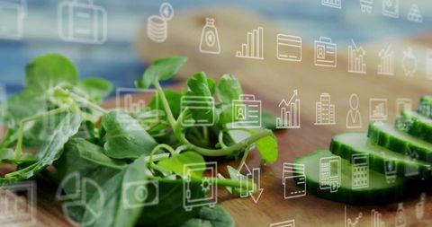 Showcasing microgreens and cucumber alongside floating data icons for smart nutrition tech