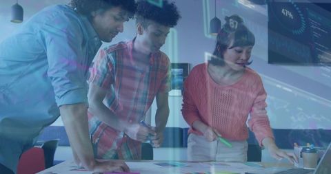 Diverse Team Analyzing Data with Innovative Laptop Chart Overlay