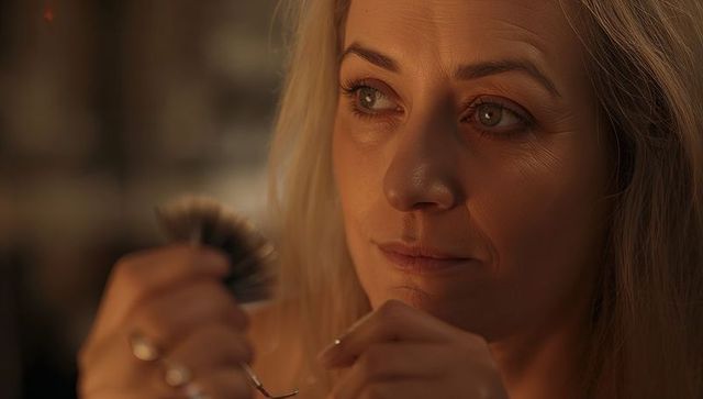 Middle-aged woman inspecting false lash fan with tweezers in warm vanity glow