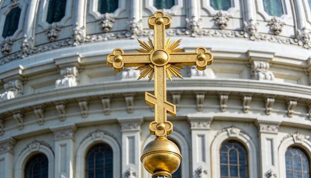 Gilded three-bar orthodox cross with sunburst finial over classical stone dome facade
