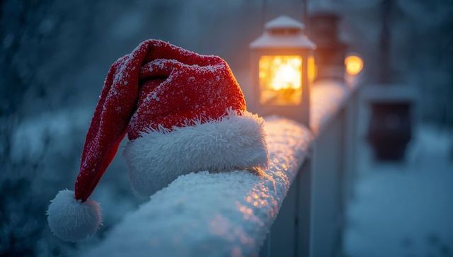 Santa hat resting on snow-covered porch railing with glowing lanterns at dusk