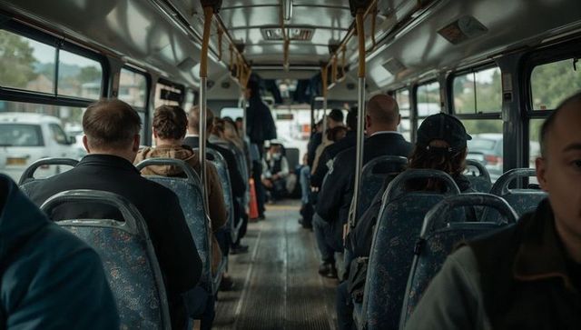 Commuters riding suburban bus interior with orange safety cone and overhead rails