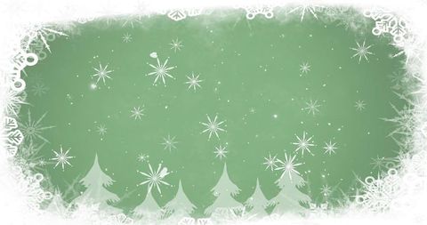Festive Winter Holiday Card Design with Flakes and Evergreen Trees