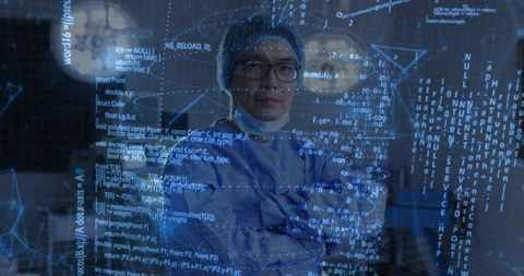 Surgeon crossing arms analyzing holographic code and brain imaging on transparent display
