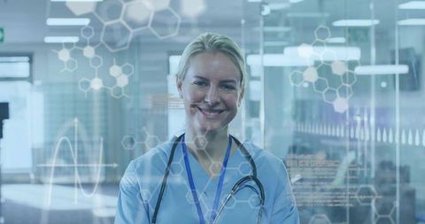 Smiling nurse wearing blue scrubs and stethoscope with augmented reality overlays
