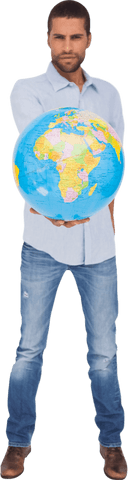 Transparent Serious Man Holding Detailed World Globe
