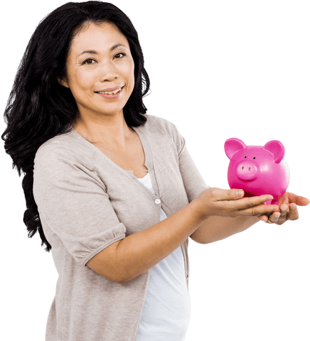 Smiling Woman Holding Cheerful Pink Piggy Bank against Transparent Background