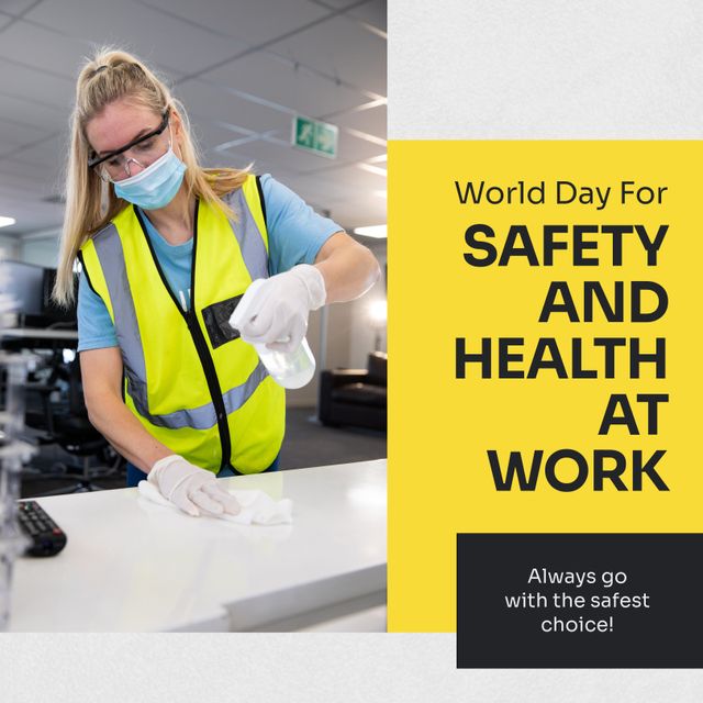 Ideal for campaigns and promotions related to workplace safety and health, this shows a woman wearing protective equipment and disinfecting an office desk. Useful for illustrating safety procedures, healthy work environments, and cleanliness standards at work. Suitable for newsletters, articles, social media posts, and workplace safety guidelines.