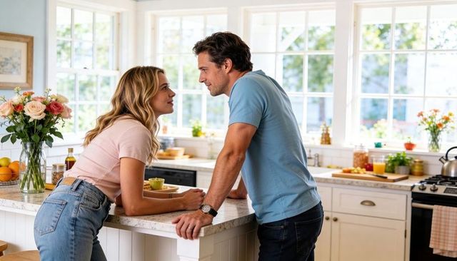 Sunlit morning couple leaning and chatting at marble kitchen island over casual breakfast