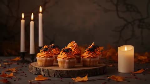 Flickering Candlelight with Halloween Cupcakes on Rustic Tabletop