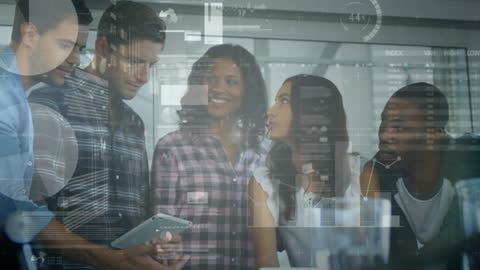 Diverse Team Analyzing Data with Futuristic Interface in Office