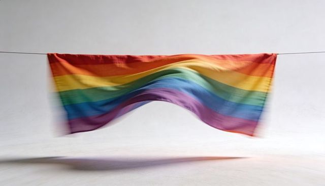 Billowing rainbow pride flag floating on wire with soft shadow minimal studio background