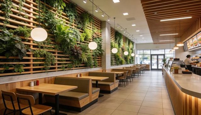 Modern biophilic cafe featuring living plant wall, wooden booths, counter, minimal design