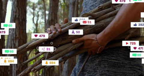 Man carrying firewood in pine forest surrounded by floating social media engagement badges