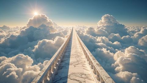 Majestic marble god pathway rising above dreamlike clouds