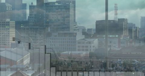 Futuristic database cityscape with financial graphics