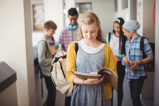Schoolgirl standing in corridor reading notebook at school
