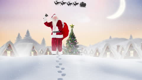 Santa Under Moonlit Sky in Festive Winter Wonderland
