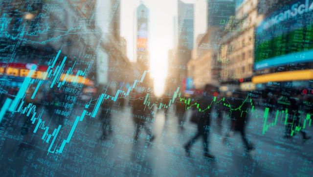 Financial Data Visualization Overlays on Busy Urban Street